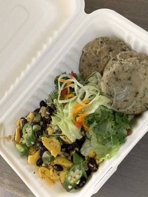 Ackee Okra and Beans meal with dumplings at Living Food and Juices in Kingston