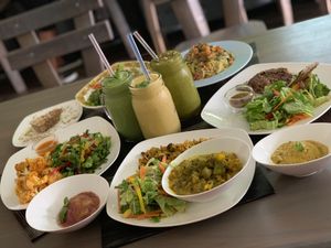 Curry Dung
Chick Pea and vegetable 
Curry Jackfruit 
Salads
Smoothies at Living Food and Juices in Kingston