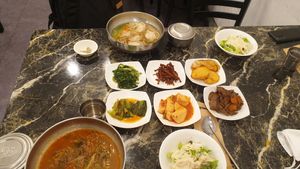 Banchan and soup at Pyeonhan Jipbap - 편한집밥 in Busan
