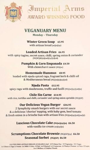 Veganuary 2026 menu at The Imperial Arms in Chislehurst