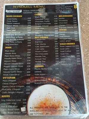 Menu side A at Windmill in Nairobi