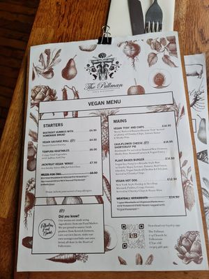 Vegan menu at The Pullman in Folkestone