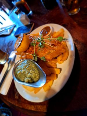 Vish and chips, mushy peas and curry dip at The Pullman in Folkestone