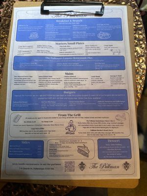 The menu on 02/04/2026 at The Pullman in Folkestone