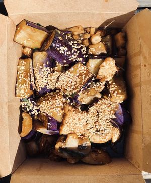 Sautéed basil eggplant and mushroom at Golden Era Vegan Restaurant in San Francisco