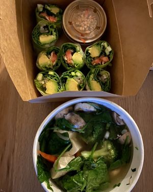Spring rolls and veggie soup at Golden Era Vegan Restaurant in San Francisco