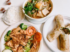 Pho, mushu rolls, lemongrass tofu at Golden Era Vegan Restaurant in San Francisco