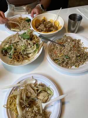 Birds nest noodles, gourmet fried rice, and orange chicken at Golden Era Vegan Restaurant in San Francisco