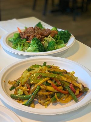 Lemongrass chick’n and king oyster mushroom stir fry at Golden Era Vegan Restaurant in San Francisco