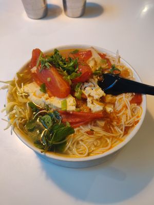 Tomato noodle soup at Golden Era Vegan Restaurant in San Francisco