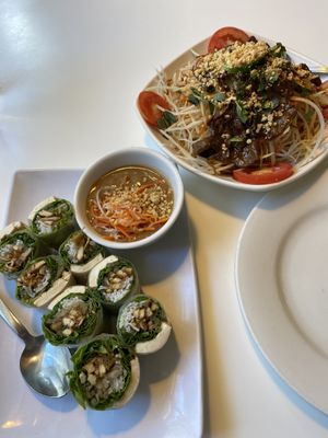 Left: Spring Rolls; Right: Papaya Salad  at Golden Era Vegan Restaurant in San Francisco