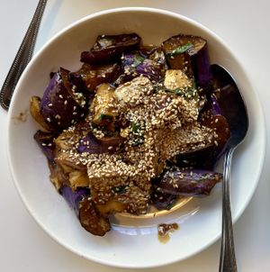 Sautéed eggplant basil and mushroom  at Golden Era Vegan Restaurant in San Francisco