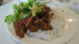 Lemongrass Chicken and white rice. Yum!! at Golden Era Vegan Restaurant in San Francisco