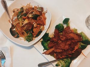 Chow Mein and Lemongrass Delight at Golden Era Vegan Restaurant in San Francisco
