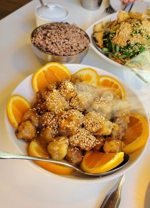 Orange soy chikn at Golden Era Vegan Restaurant in San Francisco