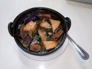 Mama clay pot. Very tasty and the ";fish"; tastes very fishy!  at Golden Era Vegan Restaurant in San Francisco