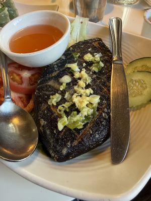 The soy “fish” with ginger dipping sauce   at Golden Era Vegan Restaurant in San Francisco
