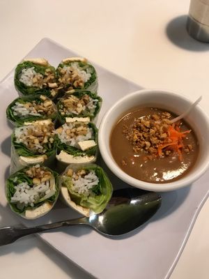 Tofu rolls with peanut sauce  at Golden Era Vegan Restaurant in San Francisco