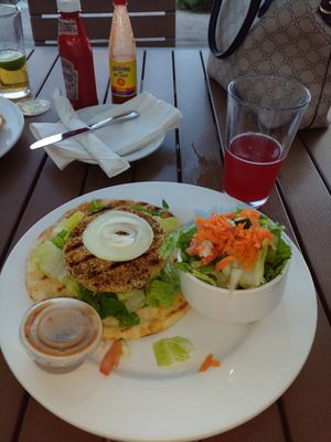 Mushroom & bean burger and salad at The Green Parrot in Nassau