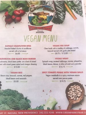 Vegan Menu March 2020 at The Green Parrot in Nassau