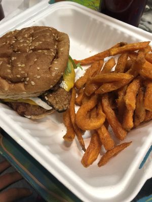 Burger with blue cheese and sweet potato fries  at Juice Merchants of Media in Media