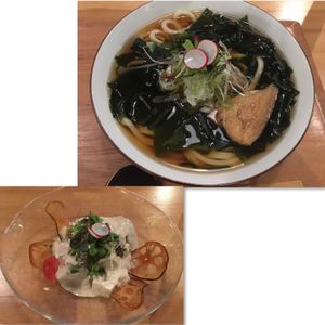 Wakase udon in seaweed broth with a tofu and walnut salad.  at Taiko Udon in Hiroshima
