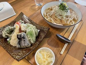Vegan veggie tempura and kitsune udon. at Taiko Udon in Hiroshima