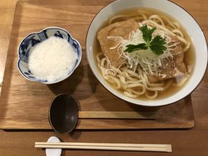 Inari udon with mountain yam as a topping  at Taiko Udon in Hiroshima