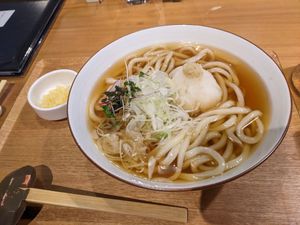 Vegan grated radish udon in hot broth at Taiko Udon in Hiroshima