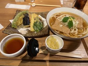 Sweet tofu udon & tempura veg  at Taiko Udon in Hiroshima