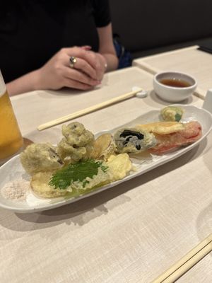 Vegan tempura with dipping sauce   at Taiko Udon in Hiroshima