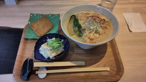 Soy milk miso broth Udon with deep fried sweet tofu and fresh yams. at Taiko Udon in Hiroshima