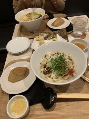 Soy milk tan tan and the normal tan tan udon with inari sushi.   at Taiko Udon in Hiroshima