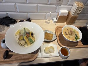 Tempura udon (left), Tofu and Mountain yam (centre), Dan Dan (right)  at Taiko Udon in Hiroshima