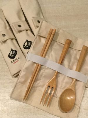 Reusable cutlery set 500yen
 “We do what we can do”.  at Taiko Udon in Hiroshima
