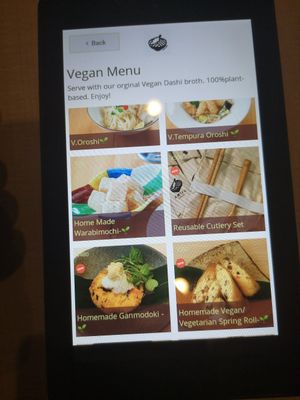 New menue, april 2019. Big range of vegan dishes, you can scroll trough it on the tablet in the vegan section. at Taiko Udon in Hiroshima