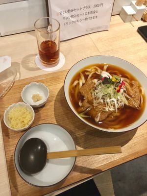 Vegan udon and Japanese tea  at Taiko Udon in Hiroshima