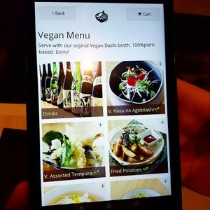 Tablet vegan menu at Taiko Udon in Hiroshima