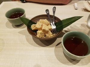 Warabi mochi for dessert! at Taiko Udon in Hiroshima