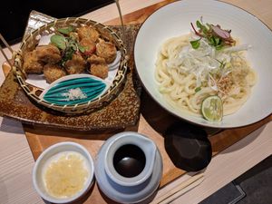 lotus root croquette & bukkake udon (I asked them to serve them together) at Taiko Udon in Hiroshima