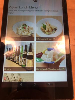 Vegan menu on ipad at Taiko Udon in Hiroshima
