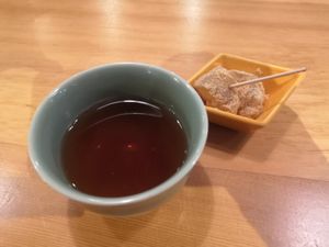 Tea and brown sugar sweets at Taiko Udon in Hiroshima