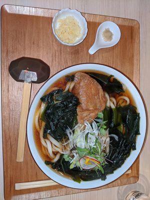 Vegan Udon with seaweed and half of tofu at Taiko Udon in Hiroshima