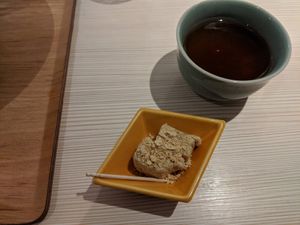 A gift: desert & hot tea (didn't order, very much appreciated) at Taiko Udon in Hiroshima