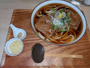 Vegan Udon with two pieces of very tasty tofu at Taiko Udon in Hiroshima