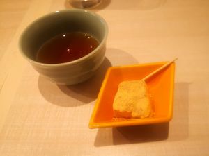 Mochi dusted with roast sesame and green tea at Taiko Udon in Hiroshima
