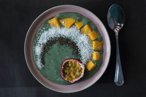 Smoothie bowl for breakfast, with Spirulina base. at Nourish in Chiang Mai