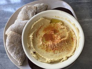 Chunky hummus with pita bread  at Nourish in Chiang Mai