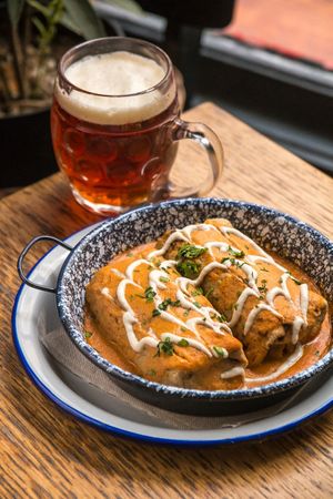 "Hortobágyi" pancake filled with mushroom at Szabad Bisztro in Budapest