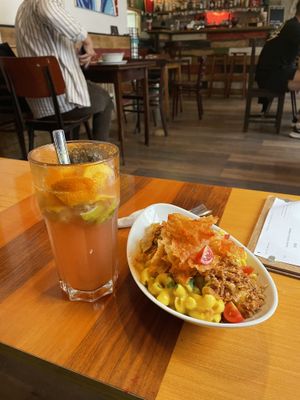 Lemonade with raspberry. Mac n cheese at Szabad Bisztro in Budapest